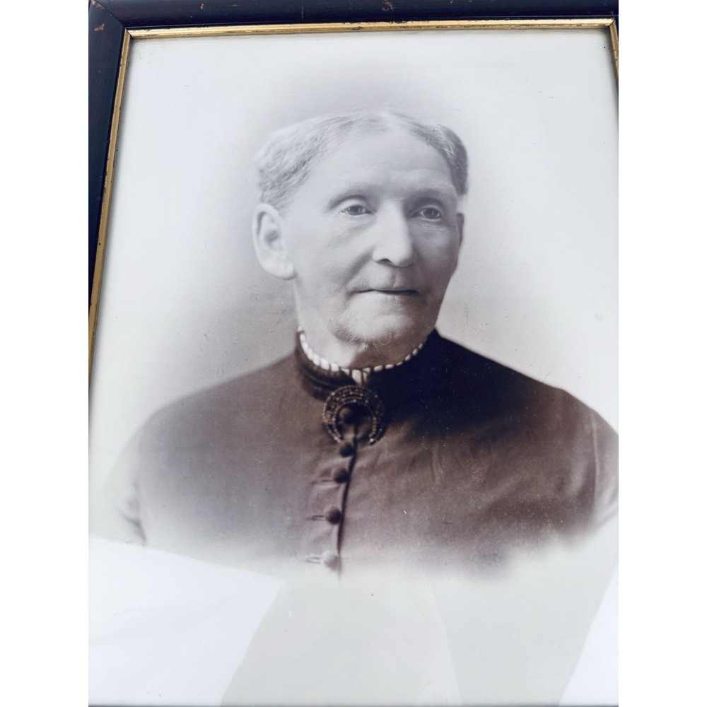 Framed Antique Portrait Victorian Elderly Lady With Moon Brooch 1890s